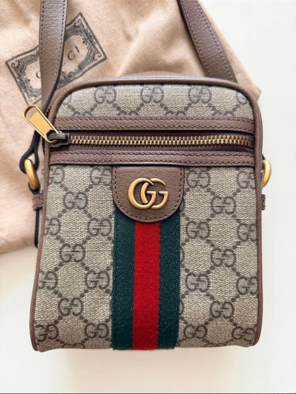 Gucci Brown GG Supreme Crossbody Bag with Web Stripe - Picture 1 of 6
